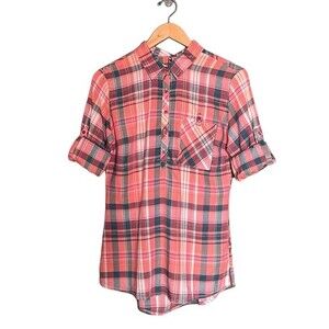 Kuhl Plaid Cotton Poplin Henley Tunic Pink Blue Multi Lightweight Top Size Small